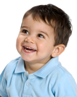 Smiling toddler in blue shirt looks up with a happy expression on a transparent background png
