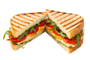 Close up of a grilled sandwich cut in half with tomatoes cheese and arugula on a transparent background png
