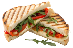 Grilled panini sandwich with tomatoes mozzarella and arugula on a transparent background close up png