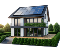 Modern house with solar panels on the roof and green plants on the balcony and around the house png