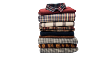 Stack of folded shirts with various patterns and colors on a transparent background for fashion concepts png