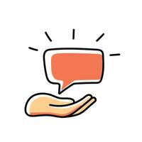 Hand holding doodle speech bubble with blank space, cartoon outline style, isolated on white background, simple communication concept illustration. vector