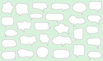 Hand drawn white speech bubble set with black outline on muted mint background. Cartoon doodle style text frames collection. Illustration for communication and design concepts. vector