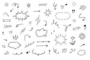 Hand drawn different line elements. Sketch style arrows, scribbles, stars, speech bubbles and underlines. Grunge element set. vector