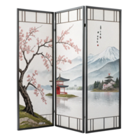 three folding screens with a painting of a mountain and a red pagoda png