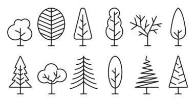 Collection of simple tree line icons showing various tree shapes and styles vector