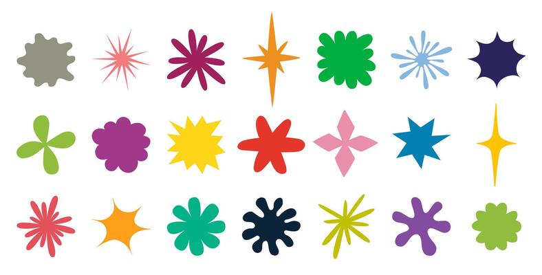 Colorful geometric shapes and stars in various colors and designs.