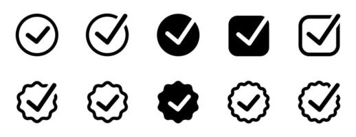 Variety of check mark symbols in circular and square icons. vector