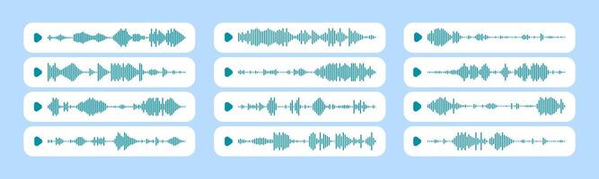 Audio waveform collection on blue background with play buttons vector