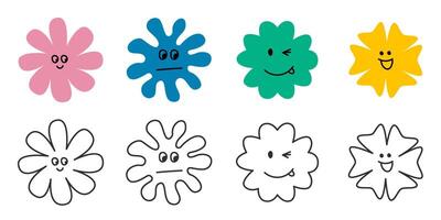 Colorful cartoon flowers with various expressions in style. vector