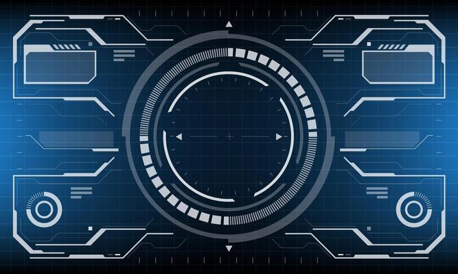 HUD interface screen view white circular geometric design virtual futuristic technology creative display on blue