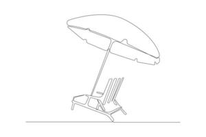 Beach chair and umbrella continuous line drawing. Beach chair with umbrella outline isolated on white background. vector