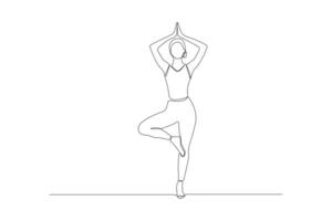 Tree pose yoga one-line art drawing. Woman doing tree pose yoga continuous outline vector