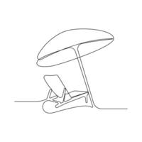 Beach chair with umbrella continuous line art drawing. Summer vacation concept linear icon. vector