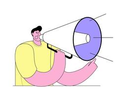 A man in a modern style shouts into a megaphone. vector