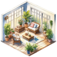 An inviting interior scene filled with cozy seating and lush greenery. The space is bathed in natural light and features a tranquil atmosphere png