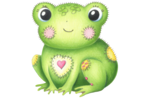 a lovely green frog with a cheerful expression and a heart-shaped detail on its chest, and the background is a simple, clean color. png