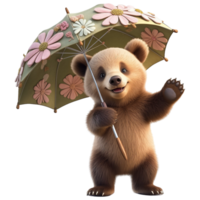 A charming bear holding a floral umbrella, looking adorable and welcoming. The bear's fur appears soft and inviting, while the umbrella adds a touch of whimsy to the scene png