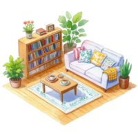 cozy living room interior with a sofa, coffee table, and a bookshelf filled with books, creating a comfortable and inviting atmosphere png