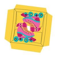 Pink rollers in a box, sports and retro style . Perfect for topics about the 80s and 90s, an active lifestyle. Skating shoes are stored in boxes. Retro color flat doodle illustration isolated vector
