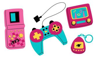 set of game items from the 90s. A digital gadget, a joystick in the retro style of the 90s, a water game, tamagotchi. flat illustration highlighted on a white background. Retro-style game item vector