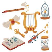 set is magically colored. A harp, a lamp, a clock, a key, a stick in a flat style. Colored. Suitable for fantasy projects, books, games, and artwork related to magic, alchemy, and mystical rituals. vector