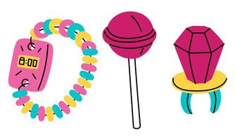 A set of lollipop bracelets, an icicle, a ring from the 90s. Flat color illustration. Lollipops from the 2000s. Sweet candies. Highlighted on a white background. Sweet delicate color collection vector