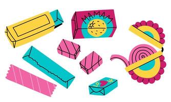 set variety of different chewing gums. Stripes, cubes, spiral. Lots of details. Bright flat color illustration in the form of doodles. Highlighted on white background. Chewing gum from the 90s, 2000s vector
