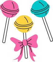 Colorful chupa-chups, lollipop without packaging with a bow. flat color illustration shows candies on sticks. Closed. illustration. Bright yellow, pink, blue. Sweets of the 90s, 2000s. Retro vector