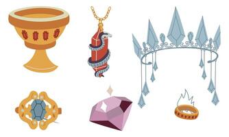 set of colored magic tools. snake on crystal, ring, crown and brooch, cup. A flat doodle. Suitable for fantasy projects, books, games, and artwork related to magic, alchemy, and mystical rituals. vector