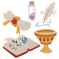 set is magically colored. Book, bowl, roll, pen, magic dust in a flat style. Painted. Suitable for fantasy projects, books, games, and works of art related to magic, alchemy, and mystical rituals vector