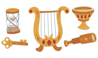 set of golden magic items. A harp, clock, key, telescope in colored flat style. Suitable for fantasy projects, books, games, and works of art related to magic, alchemy, and mystical rituals. vector