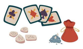set of maps, runes, magic dust in a flat style. A color doodle. Fortune-telling objects. Suitable for fantasy projects, books, games, and artwork related to magic, alchemy, and mystical rituals. vector