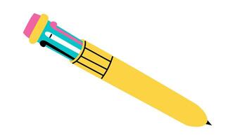 A pen with multicolored rods from the 2000s. A color flat illustration of a writing instrument. A pen with different colors of rods. An isolated object for drawing. School illustration. Retro vector