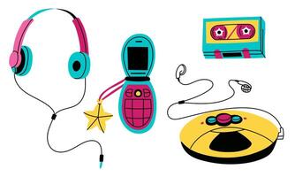 set of musical objects from the 90s in the style of pop art. Player, headphones, cassette, phone. Color illustration in the form of flat doodles. illustration of a music player, headphones vector