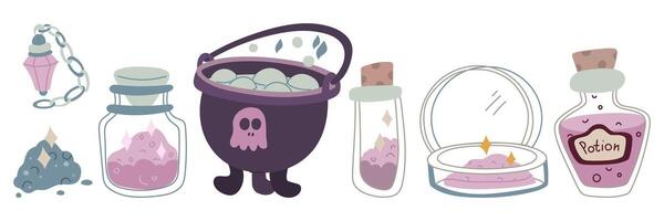 set of brewing potions. dust, jar, magic sand, set of magical doodle-style tools. Colored flat. Suitable for fantasy projects, books, games, and artwork related to magic, alchemy, and mystical rituals vector