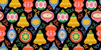 Seamless festive pattern with Christmas ornaments, bells, and decorative swirls on a dark background. New year joys, with traditional shapes baubles, bells, and stars. Retro print for wrapping paper. vector
