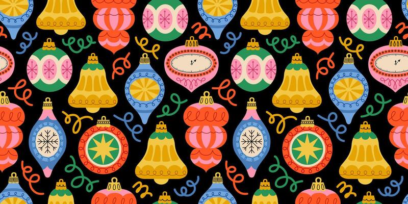 Seamless festive pattern with Christmas ornaments, bells, and decorative swirls on a dark background. New year joys, with traditional shapes baubles, bells, and stars. Retro print for wrapping paper.