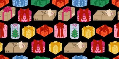 Festive seamless pattern with gift boxes decorated with ribbons and bows on a dark background. Boxes with bows and ribbons, perfect for Christmas, New Year, birthdays, and celebrations. vector