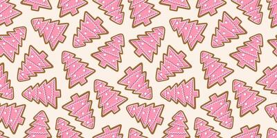 Seamless pattern with pink Christmas tree-shaped gingerbread cookies with icing on a light background. Perfect for festive wrapping paper, holiday decor, or seasonal backdrops. New Year, Noel, Xmas. vector
