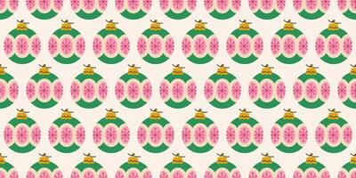 Seamless Christmas pattern with green ornaments with pink snowflake and yellow tops. New year joys. Winter season background. Noel backdrop. Retro print for fabric, wrapping paper, cards. vector