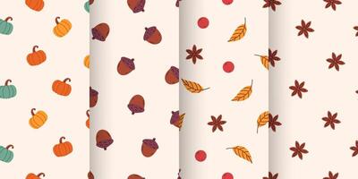 Seamless autumn pattern set with pumpkins, acorns, leaves, and star anise. Thanksgiving Day. Perfect for seasonal fall projects, wrapping paper, textiles, and. Warm and cozy autumn vibes. Harvest. vector