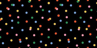 Seamless pattern of polka dots on a black background. New year confetti dark backdrop. Christmas background. Perfect for festive celebrations, ads, cards, and wrapping paper. Carnaval Party texture. vector