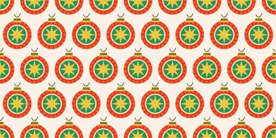 Seamless Christmas pattern with red and green balls with yellow star design. New year joys. Winter season background. Noel backdrop. Seasonal elements. Retro print for fabric, wrapping paper, cards. vector