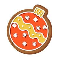 Festive holiday gingerbread cookie in the shape of a christmas ball. Decorated with red icing, white snowflakes, and yellow patterns. Perfect for seasonal designs, baking themes, and holiday projects. vector