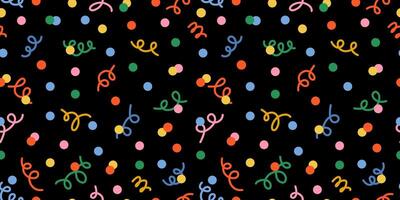 Seamless pattern of confetti and polka dots on a black background. New year dark backdrop. Christmas backdrop. Perfect for festive celebrations, ads, cards, and wrapping paper. Carnaval Party. vector