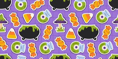 Seamless Halloween pattern with stickers of bubbling cauldrons, candy corn, eyeballs, mushrooms, and wrapped candies on a checkered purple background. Trick or Treat background. Autumn scary backdrop. vector