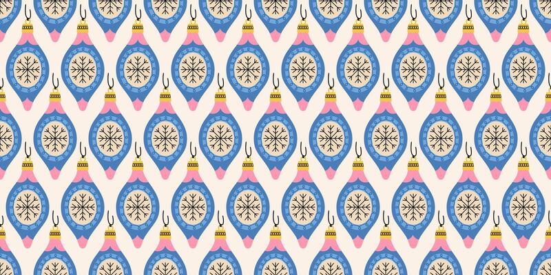 Seamless pattern with blue and pink Christmas ornaments with snowflake.New year joys. Traditional designs. Winter season background. Noel. Retro print for fabric, wrapping paper, fabric, or cards.