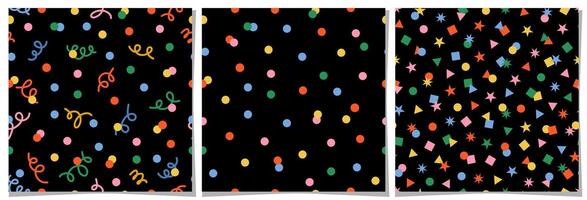 A seamless retro confetti pattern set featuring geometric shapes, dots, and stars on a dark background. Perfect for festive designs, party decorations, wrapping, textiles, and creative projects. vector