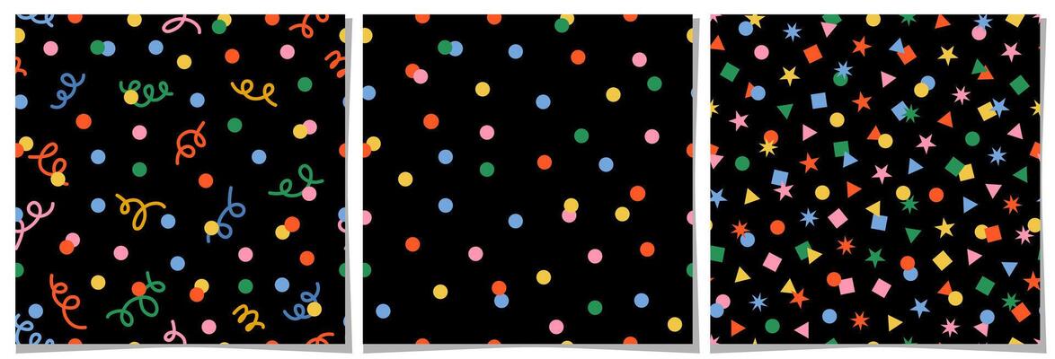 A seamless retro confetti pattern set featuring geometric shapes, dots, and stars on a dark background. Perfect for festive designs, party decorations, wrapping, textiles, and creative projects.
